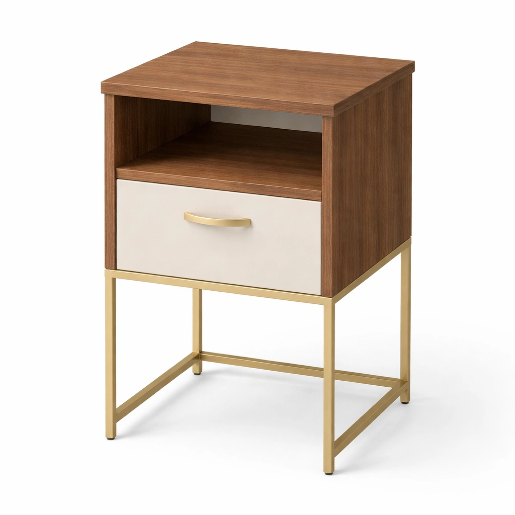 Moderner Nachttisch mit Metallgestell und Schublade-srivora